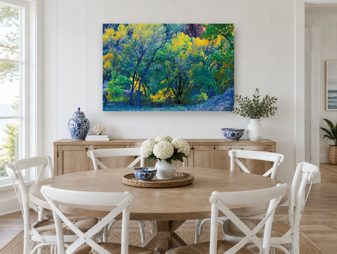 Autumn Cottonwood Glow landscape canvas print on the wall of a Hamptons dining room