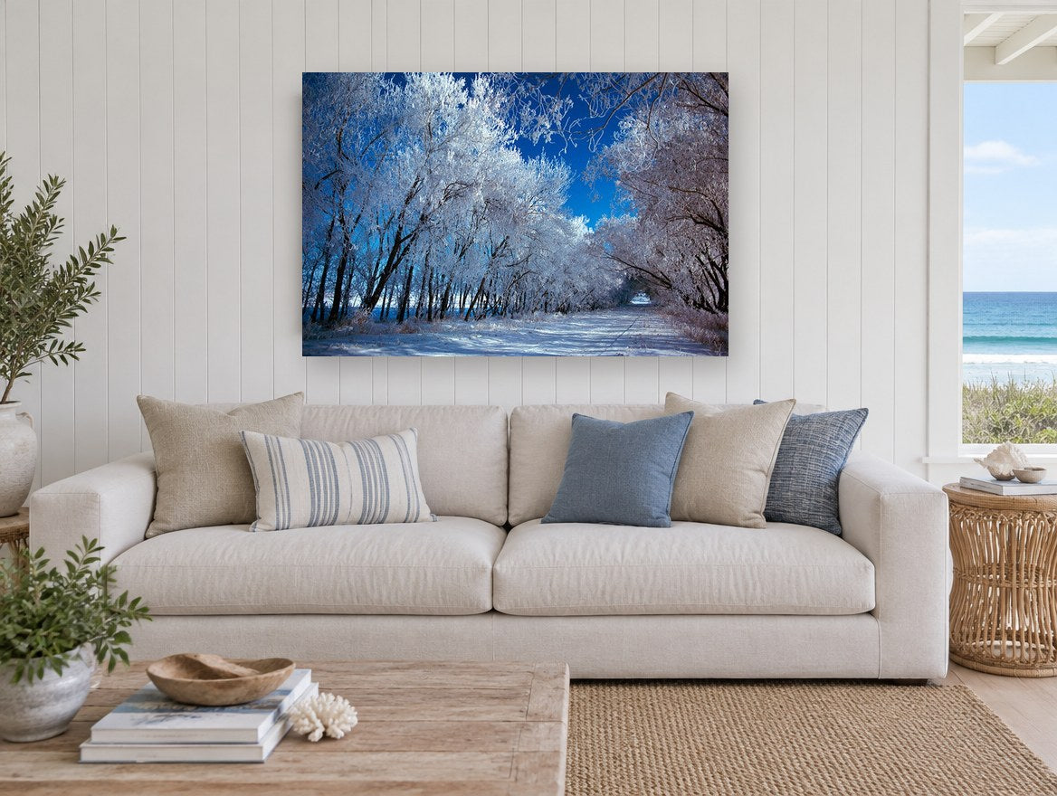 Frosted Lane landscape canvas print on the wall of a beach house living room