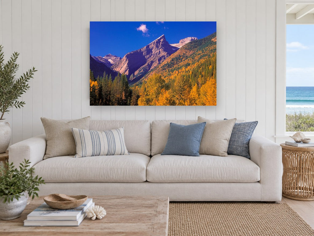 Golden Larch Valley landscape canvas print on the wall of a beach house living room