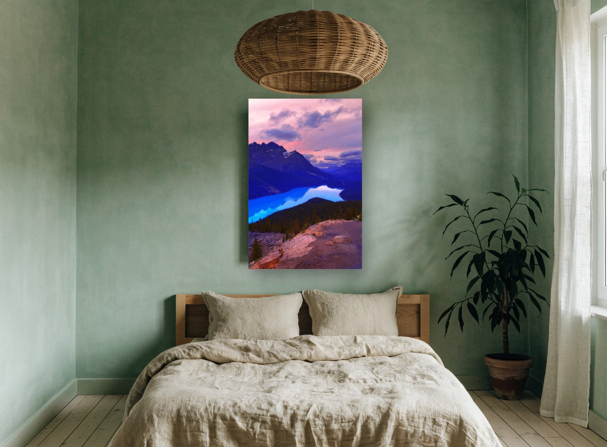 Turquoise Lake at Dusk landscape canvas print on the wall of a bedroom