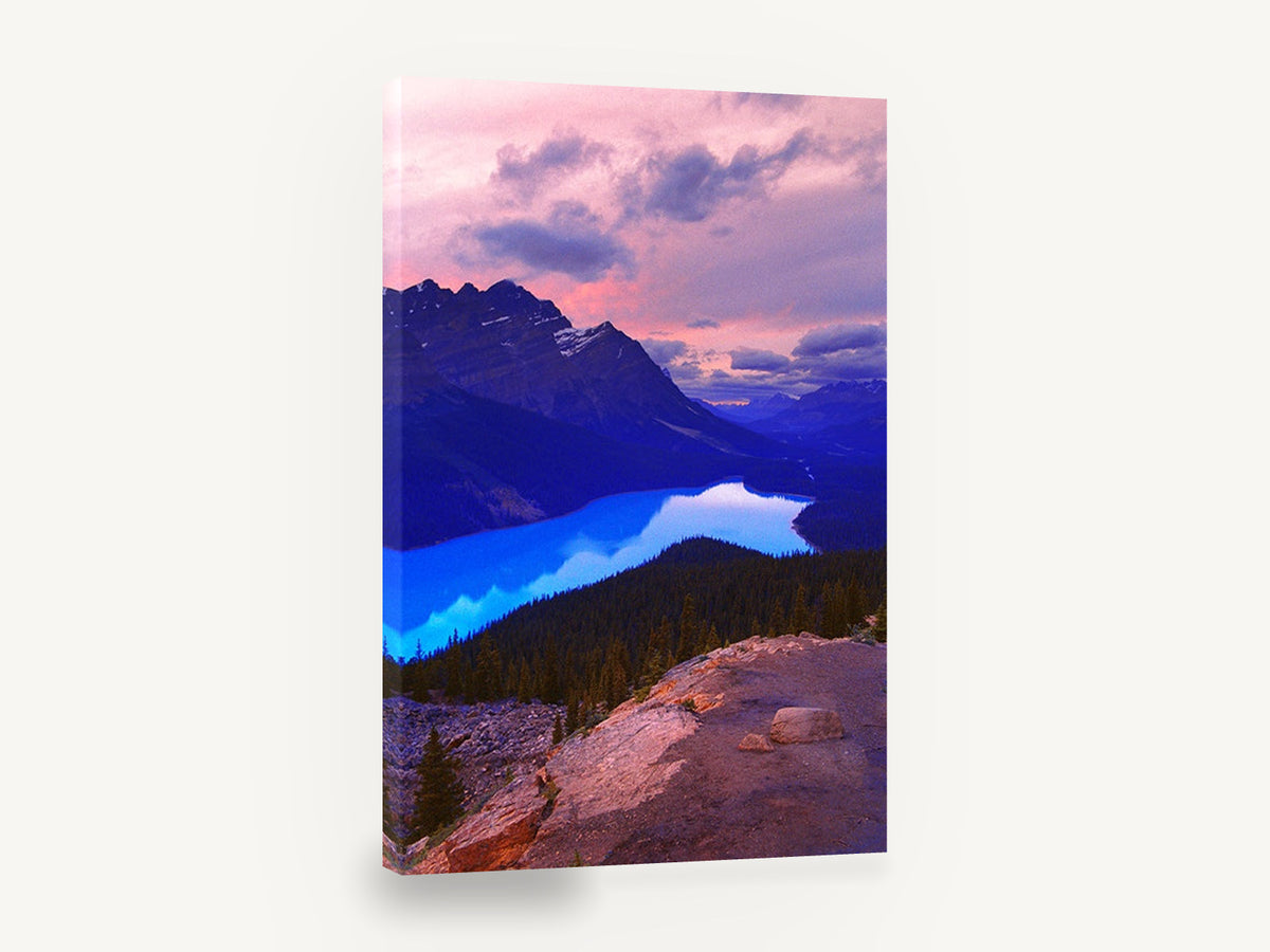 Turquoise Lake at Dusk, turquoise mountain lake dusk photograph, landscape canvas wall art print ready to hang
