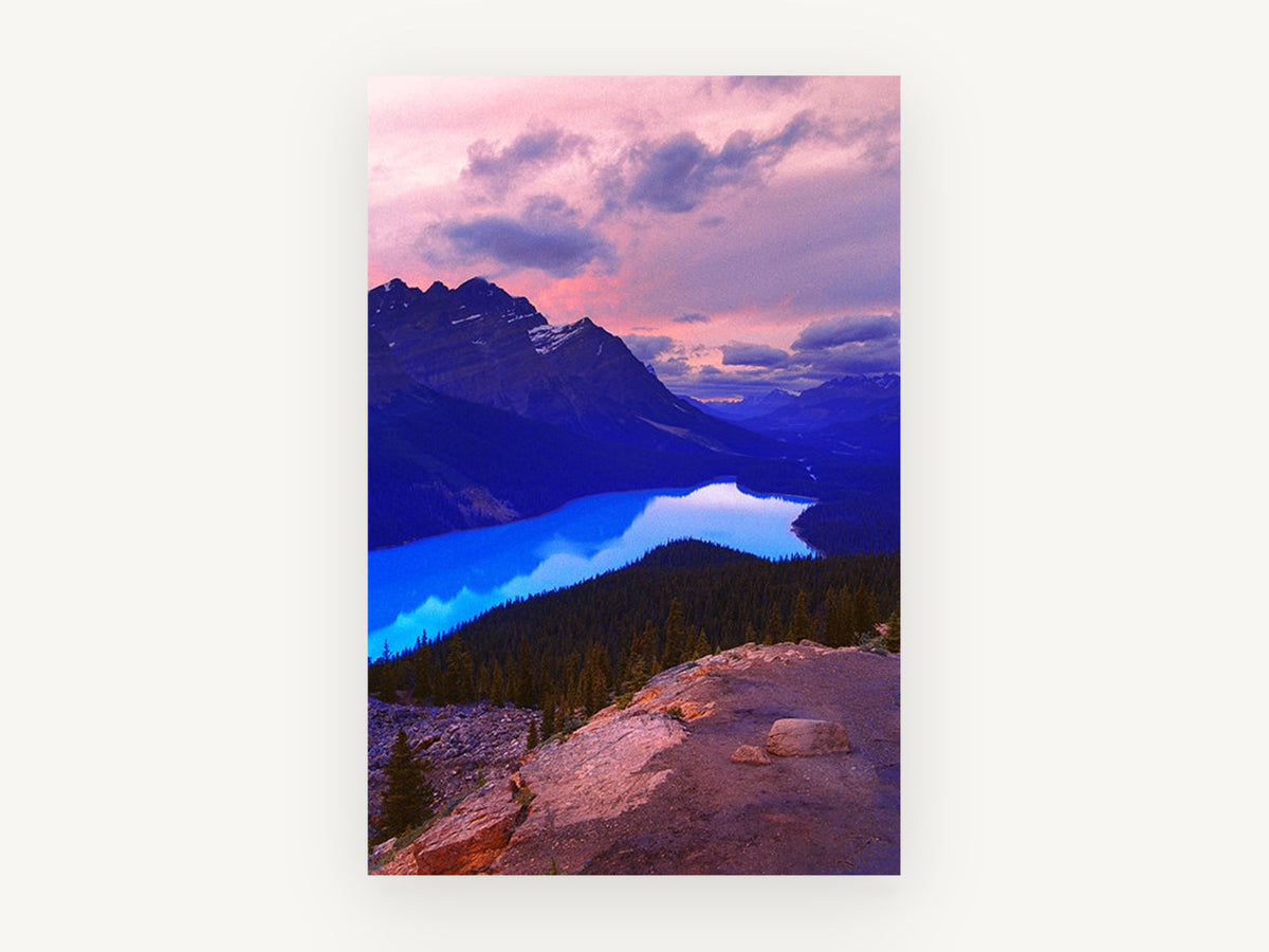 Turquoise Lake at Dusk, turquoise mountain lake dusk photograph, landscape canvas wall art print, front view