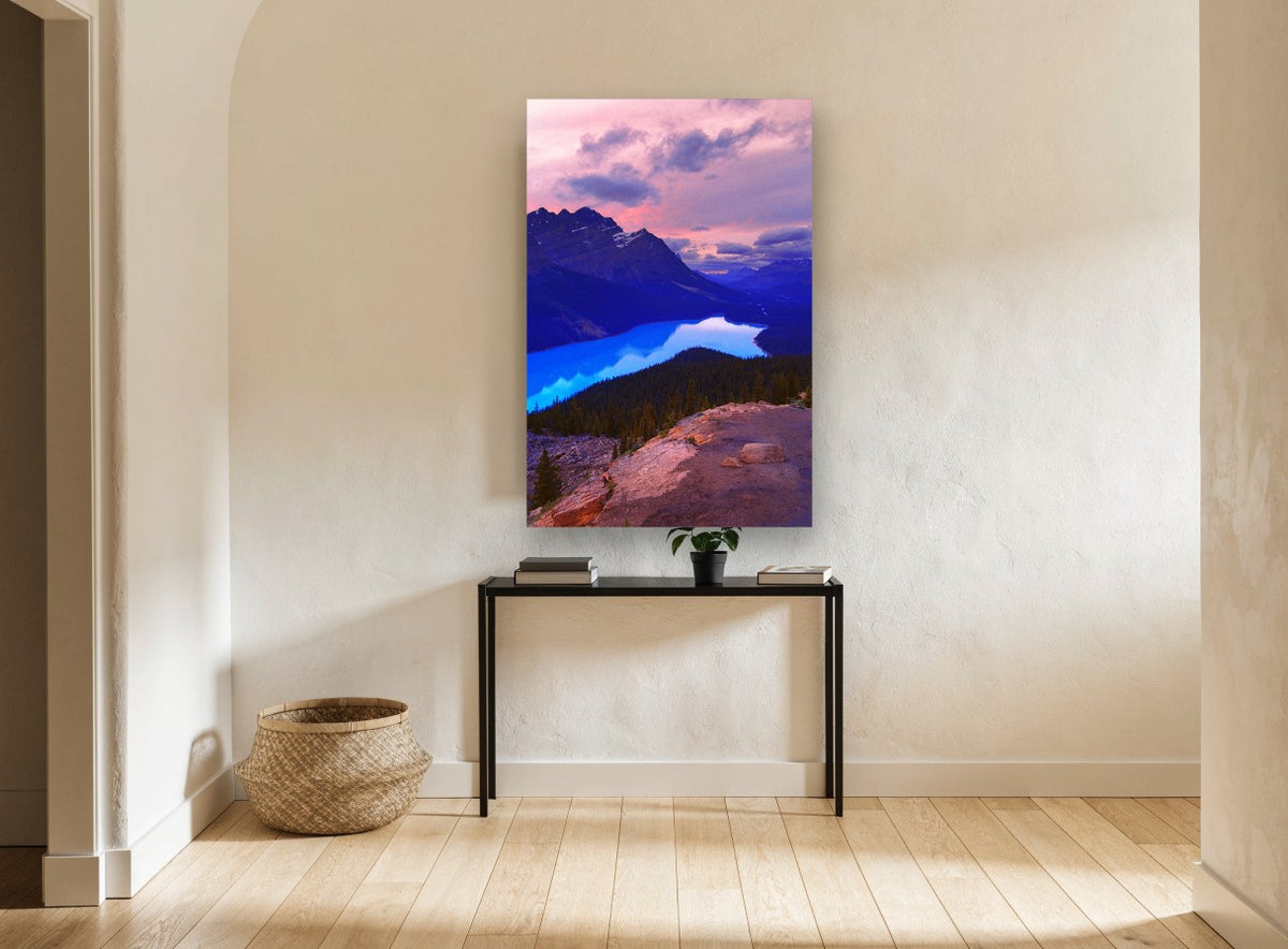 Turquoise Lake at Dusk landscape canvas print on the wall of a hallway