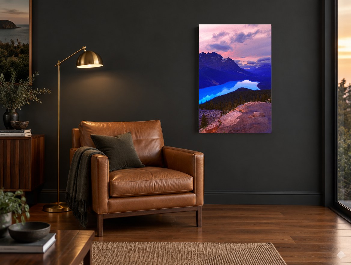 Turquoise Lake at Dusk landscape canvas print on the wall of a charcoal living room