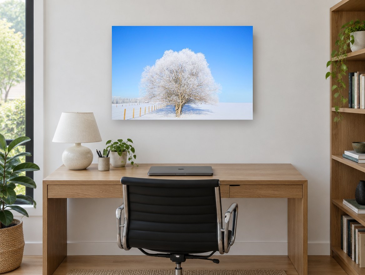 Frosted Tree Clear Sky landscape canvas print on the wall of a study