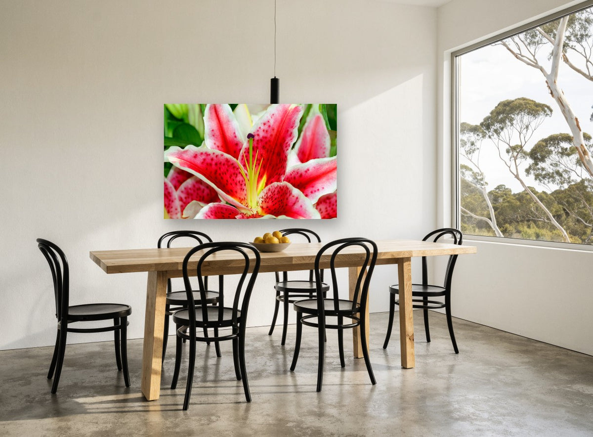 Crimson Star Lily floral canvas print on the wall of a dining room