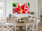 Crimson Star Lily floral canvas print on the wall of a Hamptons dining room
