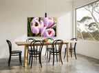 Bee in Striped Crocus floral canvas print on the wall of a dining room