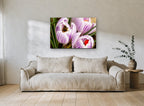 Bee in Striped Crocus floral canvas print on the wall of a living room
