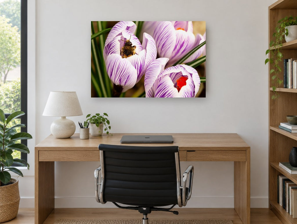 Bee in Striped Crocus floral canvas print on the wall of a study