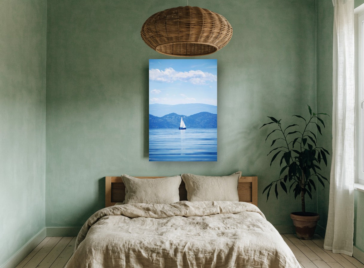 Blue Hour Sailboat landscape canvas print on the wall of a bedroom