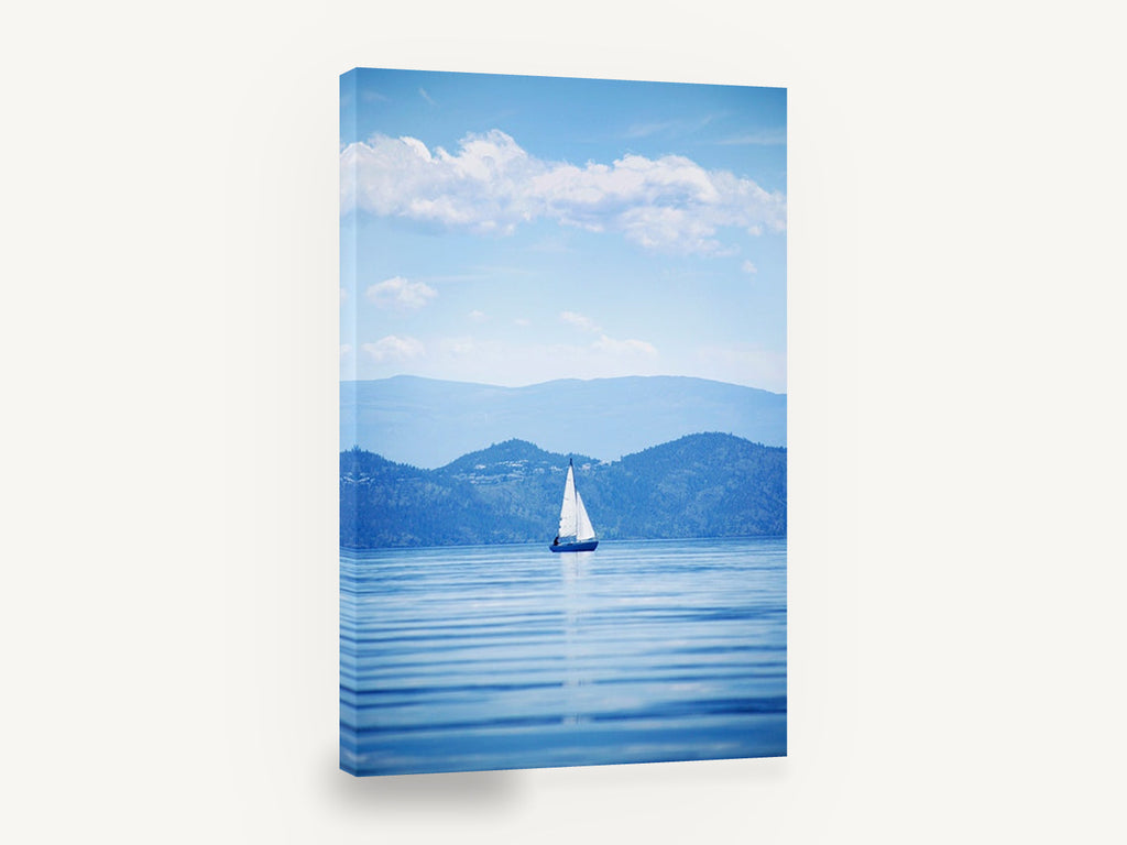 Blue Hour Sailboat, sailboat on calm blue lake photograph, landscape canvas wall art print ready to hang