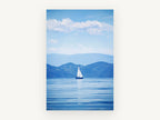 Blue Hour Sailboat, sailboat on calm blue lake photograph, landscape canvas wall art print, front view