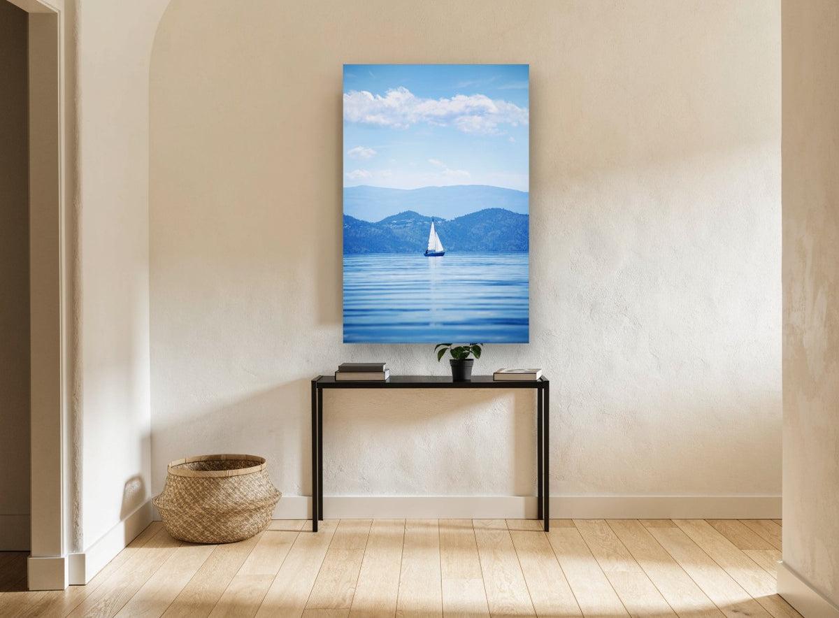 Blue Hour Sailboat landscape canvas print on the wall of a hallway