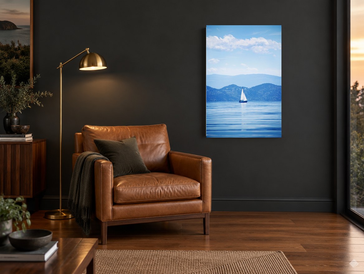 Blue Hour Sailboat landscape canvas print on the wall of a charcoal living room