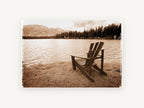 Lakeside Chair Sepia, sepia lakeside chair mountain photograph, landscape canvas wall art print, front view
