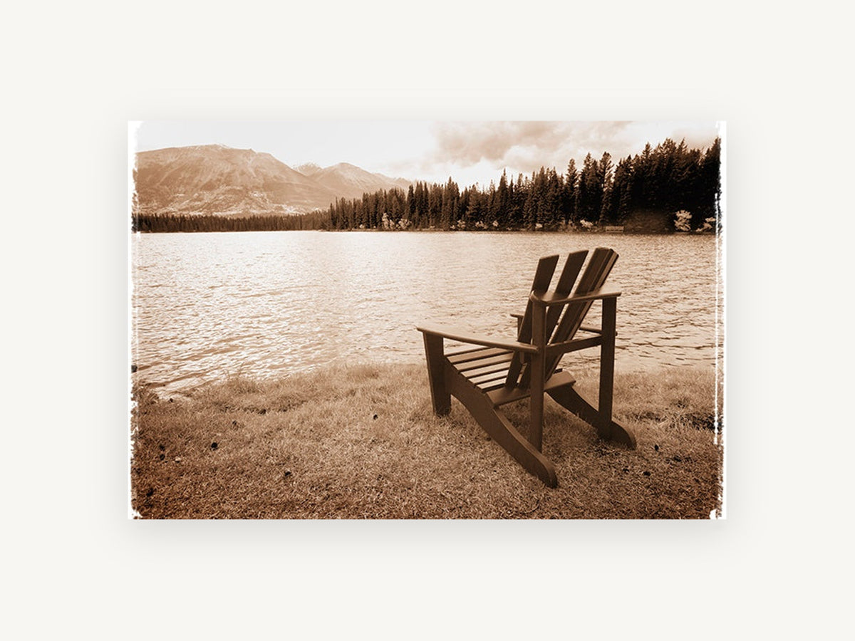 Lakeside Chair Sepia, sepia lakeside chair mountain photograph, landscape canvas wall art print, front view