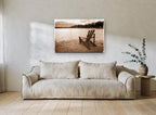 Lakeside Chair Sepia landscape canvas print on the wall of a living room