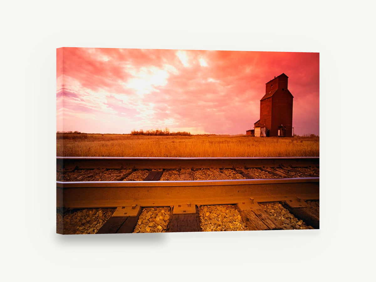 Grain Elevator Dusk, prairie grain elevator railway photograph, landscape canvas wall art print ready to hang
