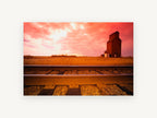 Grain Elevator Dusk, prairie grain elevator railway photograph, landscape canvas wall art print, front view