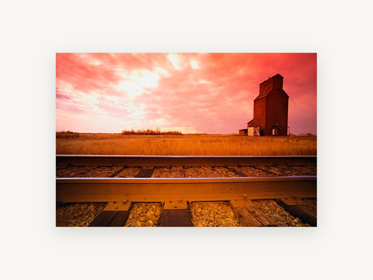 Grain Elevator Dusk, prairie grain elevator railway photograph, landscape canvas wall art print, front view