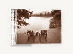 Two Chairs Lakeside, sepia lakeside chairs mountain photograph, landscape canvas wall art print ready to hang