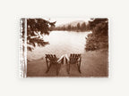 Two Chairs Lakeside, sepia lakeside chairs mountain photograph, landscape canvas wall art print, front view