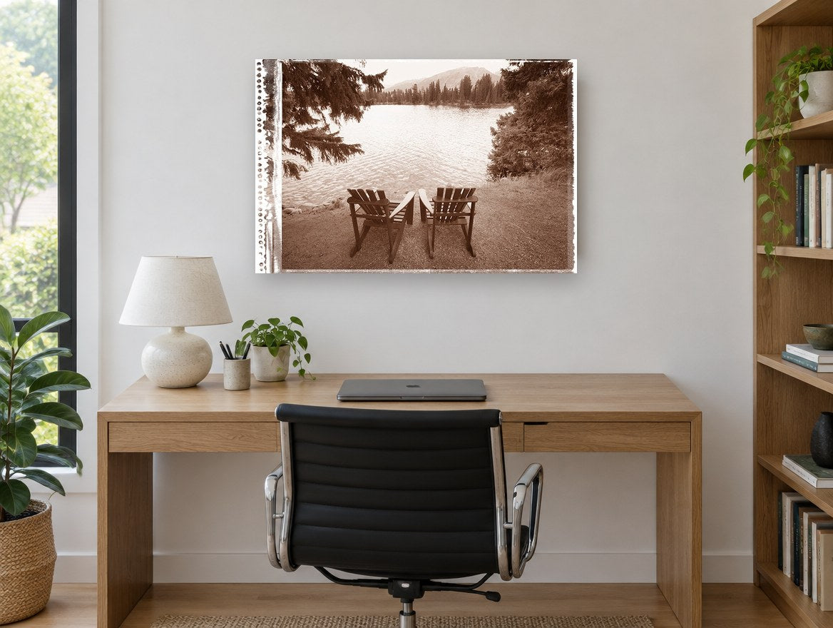 Two Chairs Lakeside landscape canvas print on the wall of a study