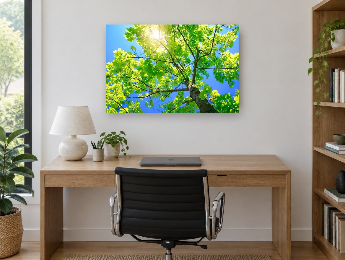 Sunlit Maple Canopy landscape canvas print on the wall of a study