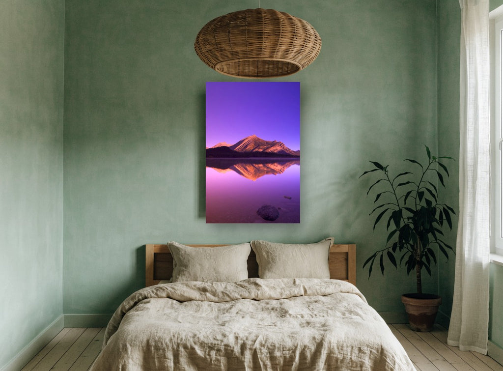 Violet Dawn Reflection landscape canvas print on the wall of a bedroom
