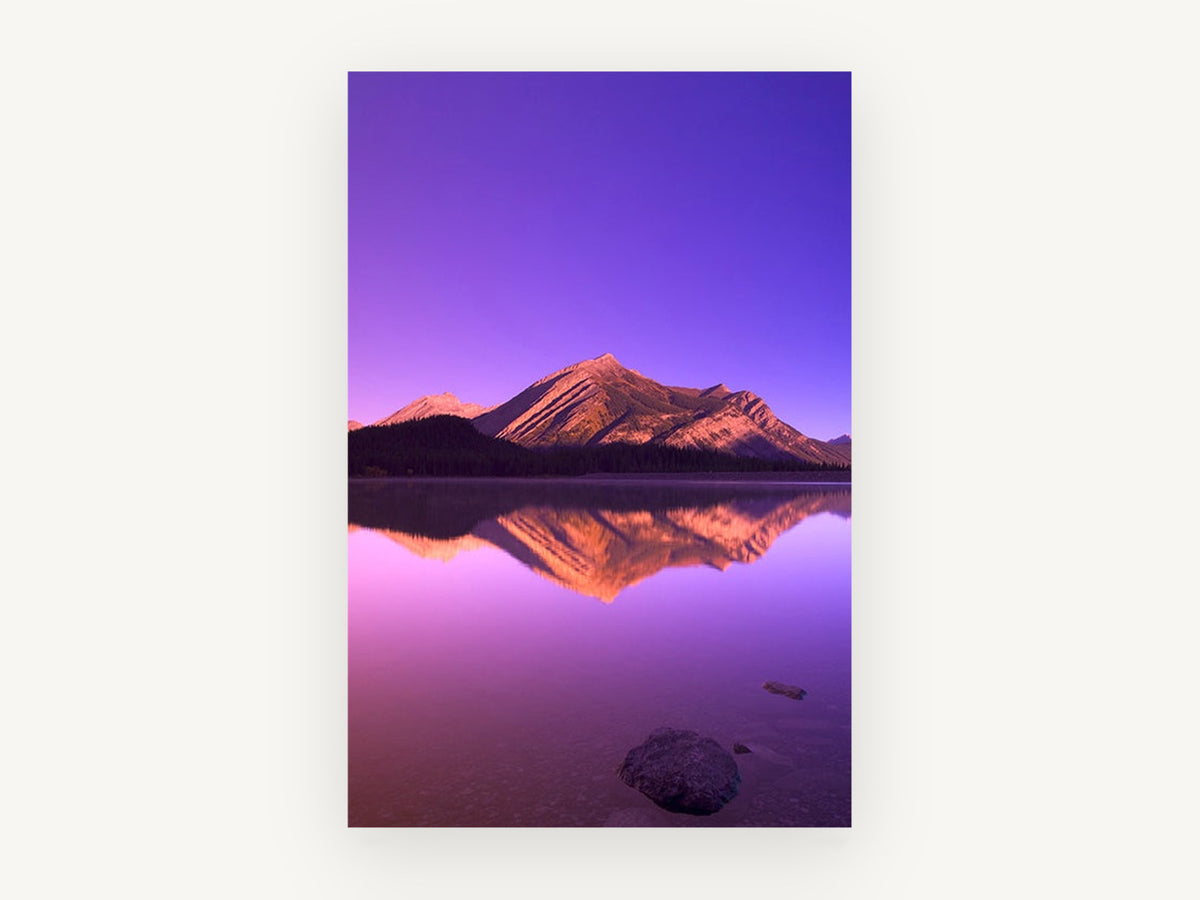 Violet Dawn Reflection, purple mountain lake reflection photograph, landscape canvas wall art print, front view
