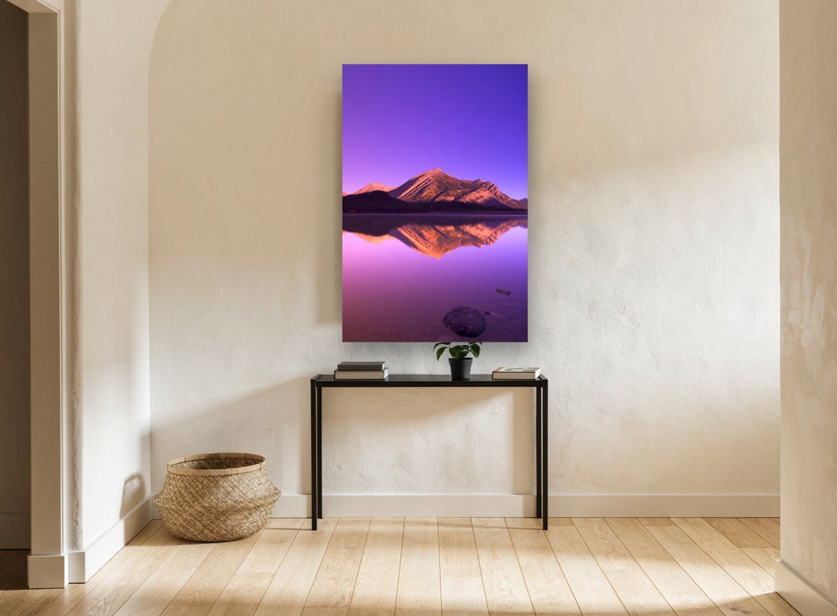 Violet Dawn Reflection landscape canvas print on the wall of a hallway