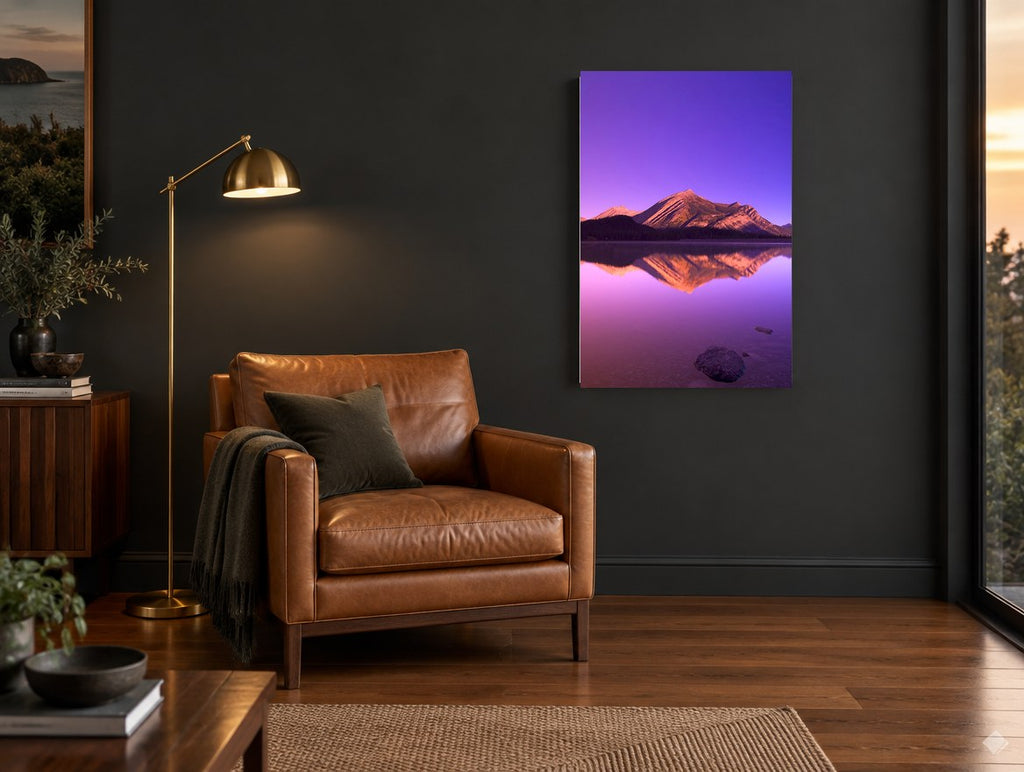 Violet Dawn Reflection landscape canvas print on the wall of a charcoal living room