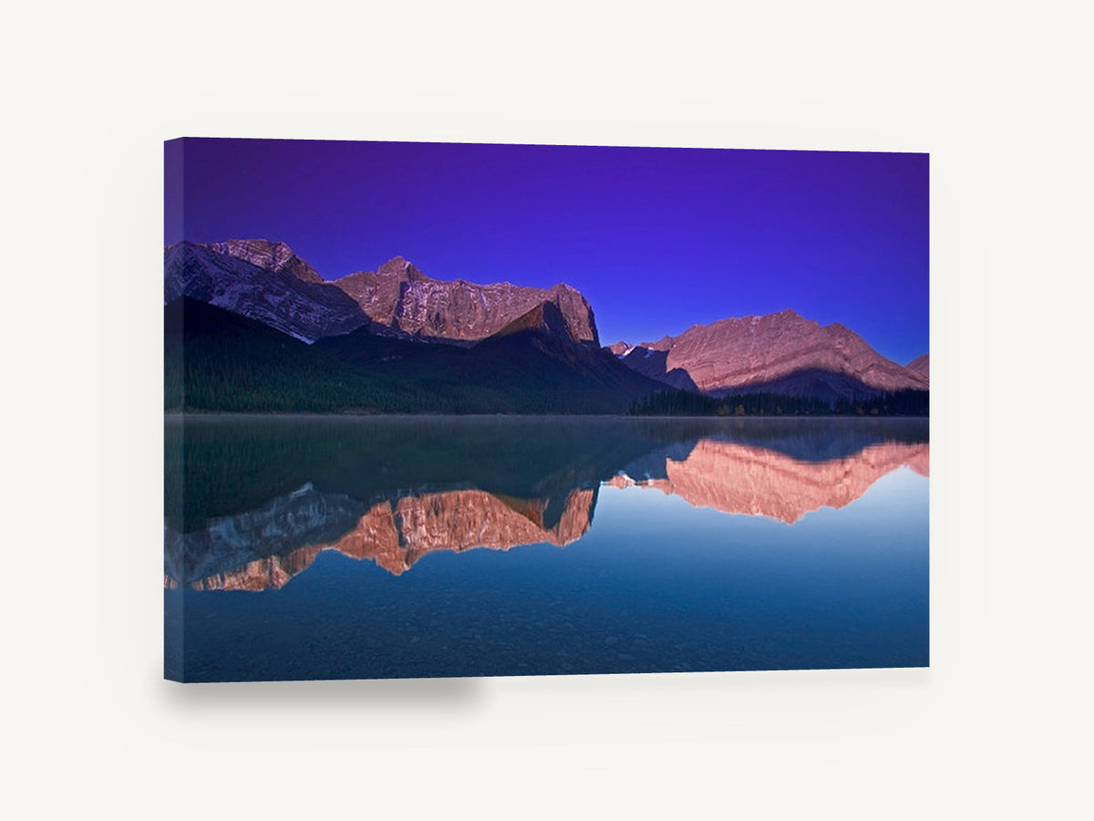 Violet Dawn Mirror Lake, mountain lake reflection at dawn photograph, landscape canvas wall art print ready to hang