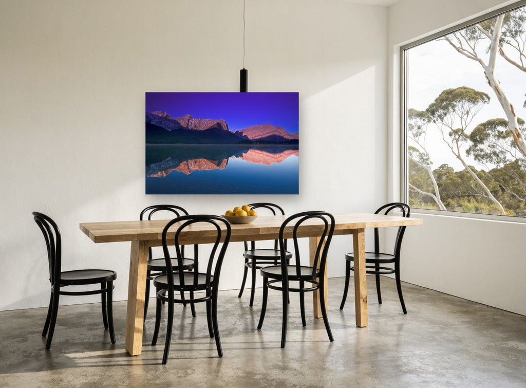 Violet Dawn Mirror Lake landscape canvas print on the wall of a dining room