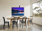 Violet Dawn Mirror Lake landscape canvas print on the wall of a dining room