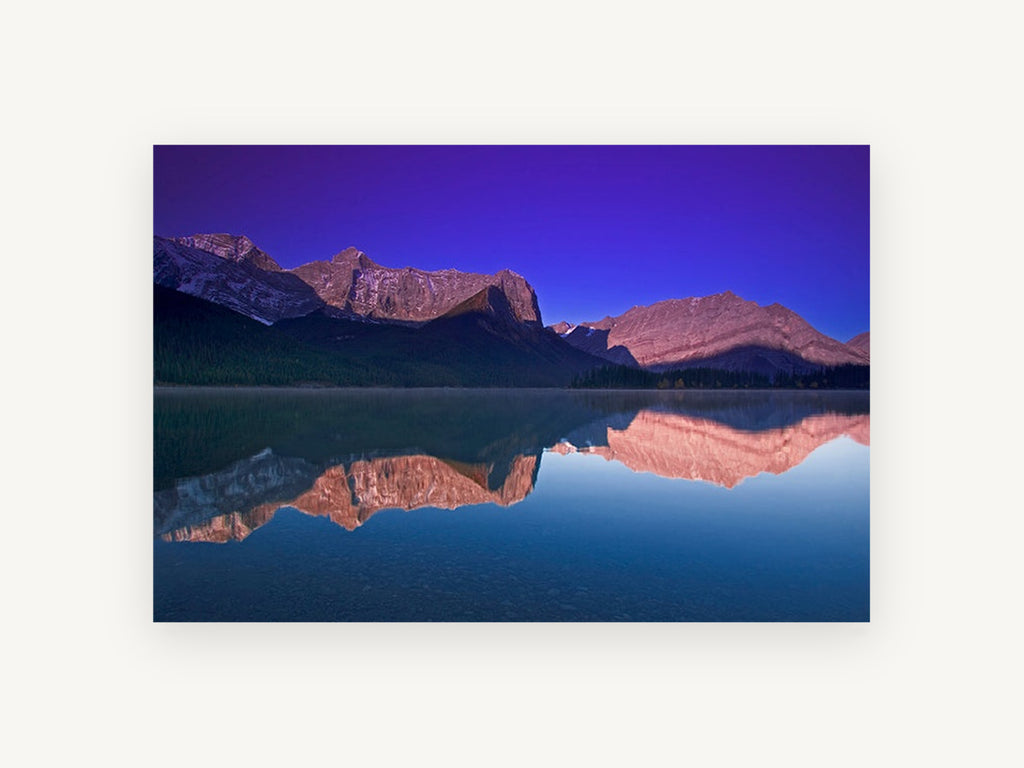 Violet Dawn Mirror Lake, mountain lake reflection at dawn photograph, landscape canvas wall art print, front view