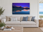 Violet Dawn Mirror Lake landscape canvas print on the wall of a beach house living room