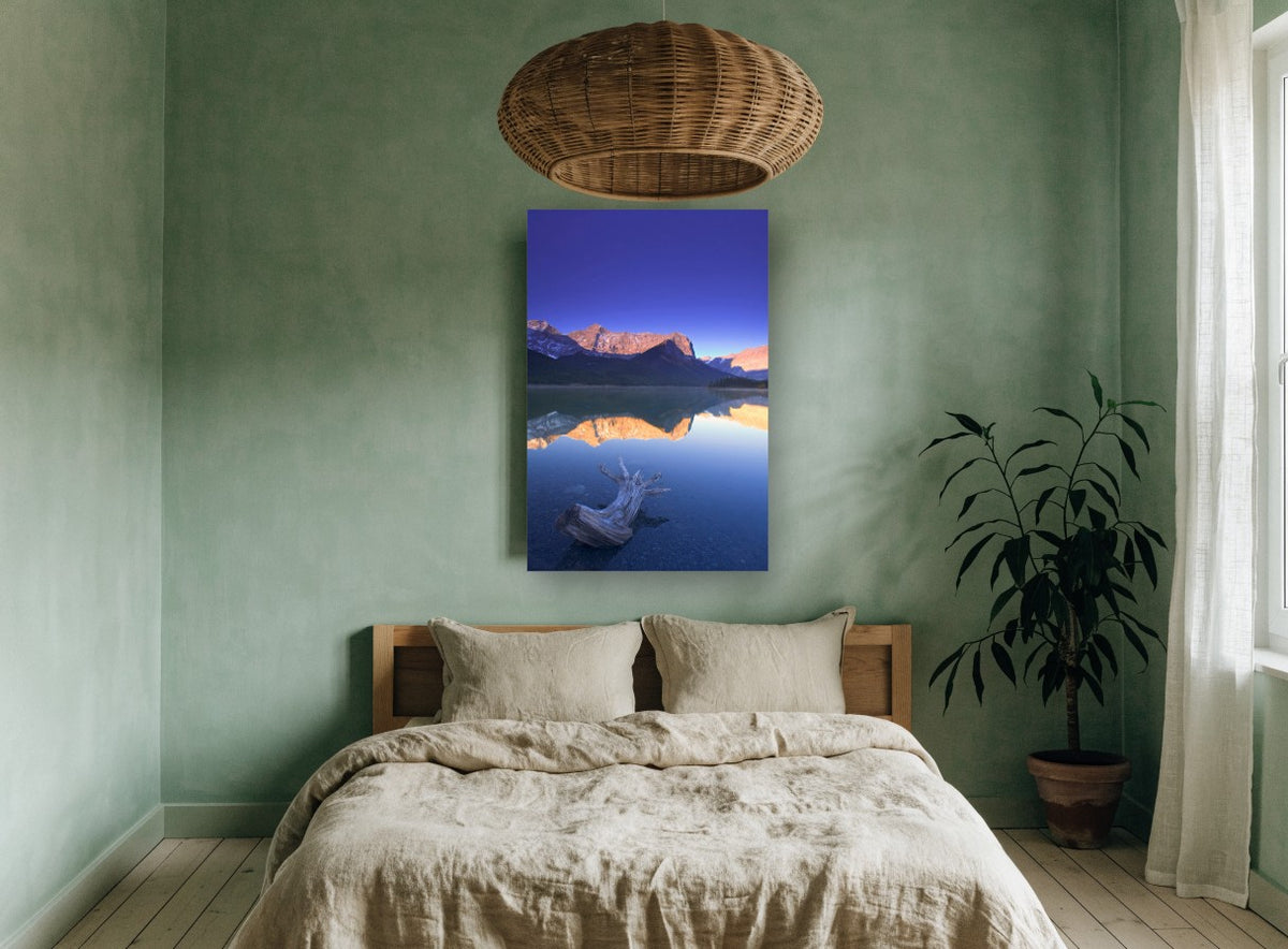 Driftwood at Dawn Lake landscape canvas print on the wall of a bedroom