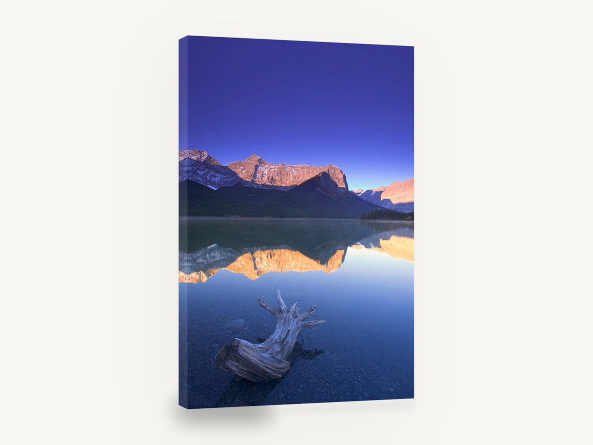 Driftwood at Dawn Lake, mountain lake reflection driftwood photograph, landscape canvas wall art print ready to hang