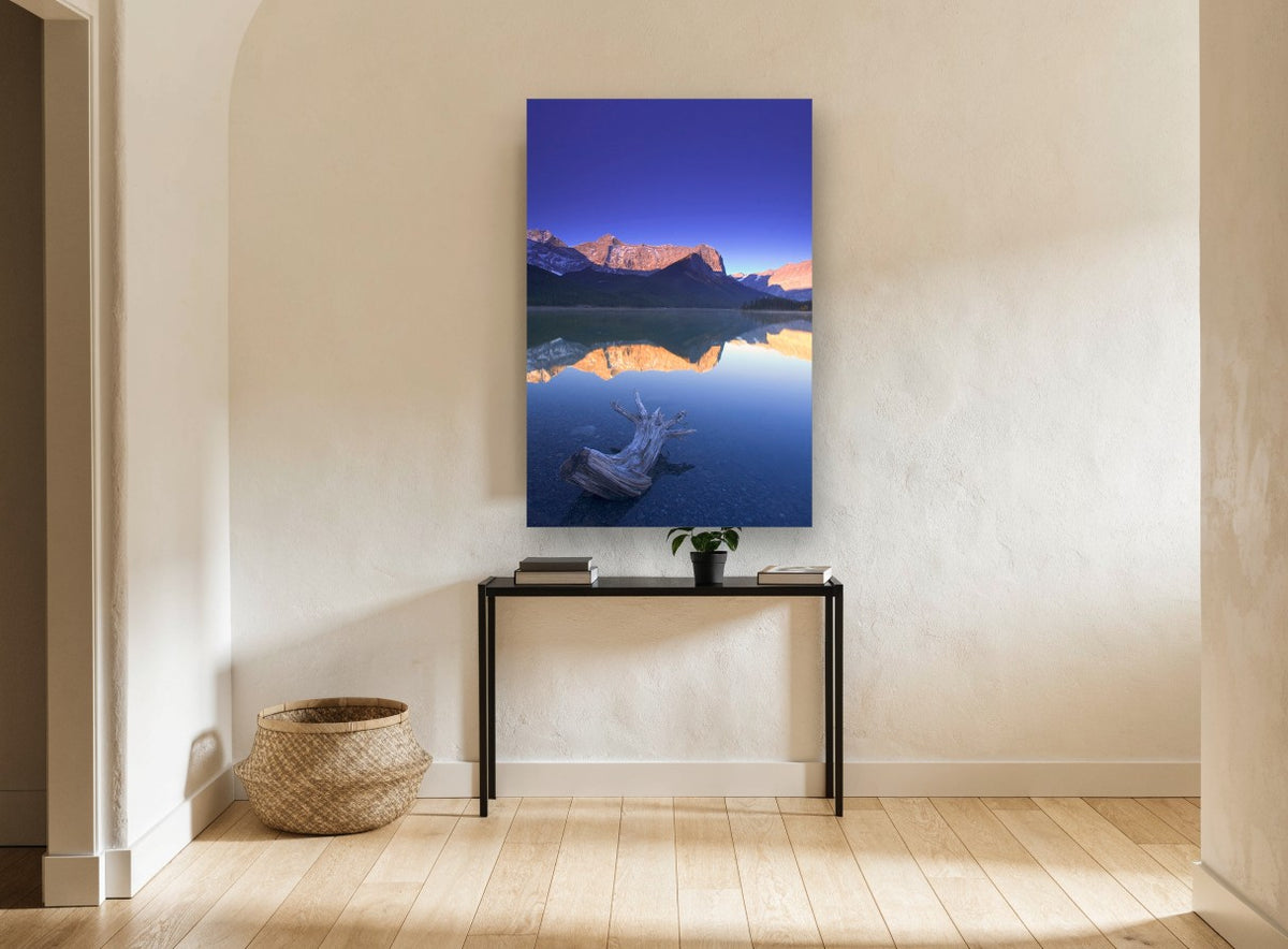 Driftwood at Dawn Lake landscape canvas print on the wall of a hallway