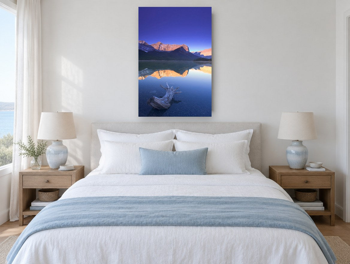 Driftwood at Dawn Lake landscape canvas print on the wall of a bedroom