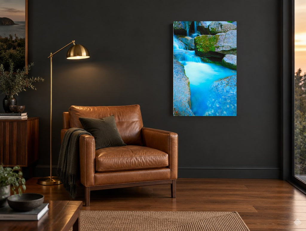 Turquoise Granite Pool landscape canvas print on the wall of a charcoal living room
