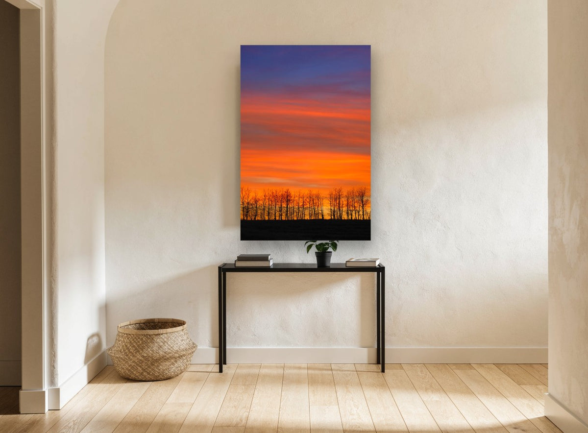 Ember Sky Treeline landscape canvas print on the wall of a hallway