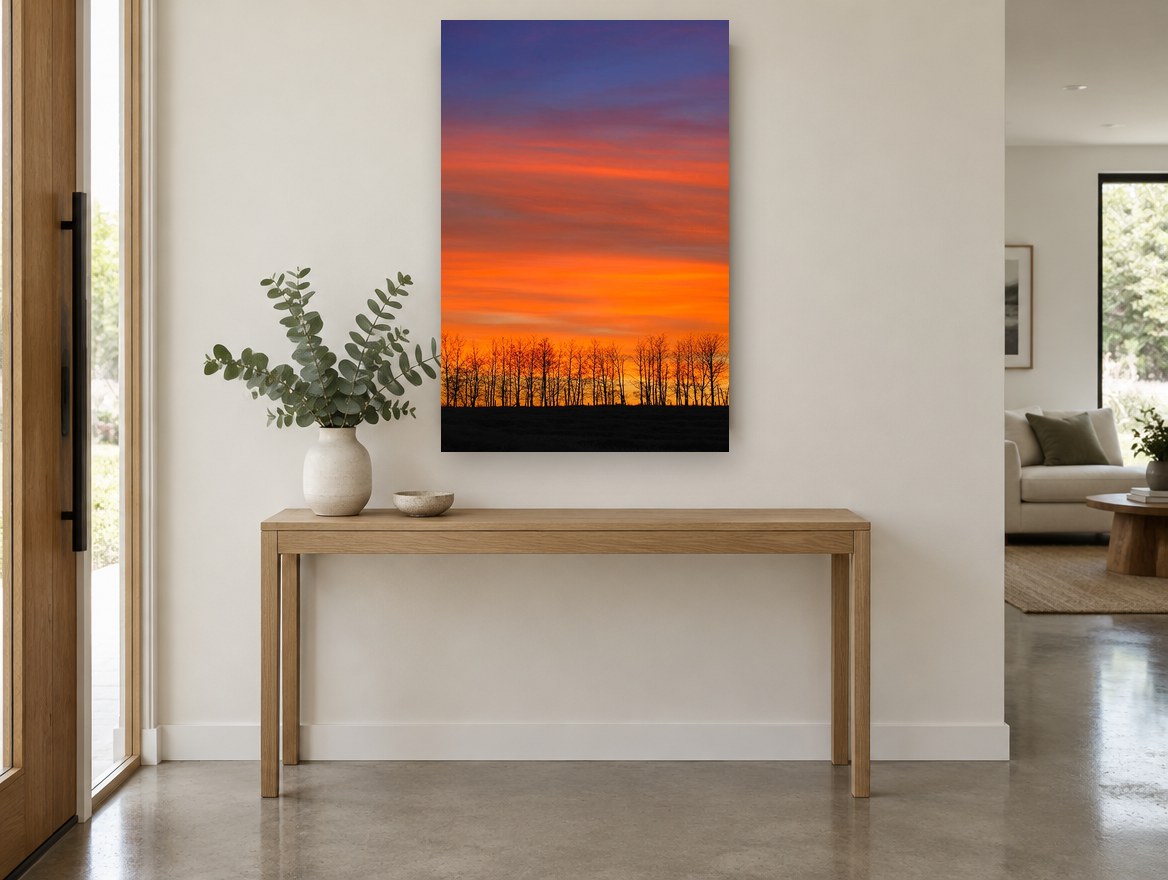 Ember Sky Treeline landscape canvas print on the wall of a entry hall
