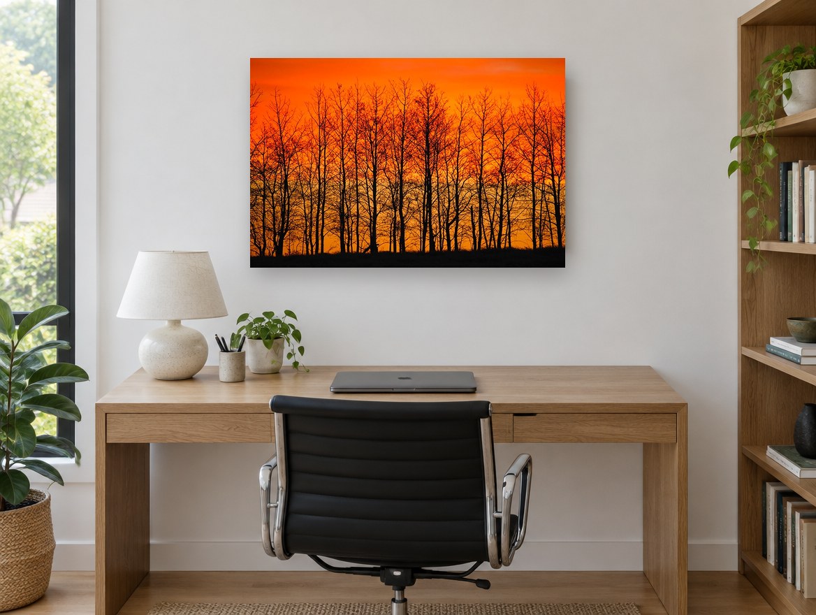 Ember Sky Tree Line landscape canvas print on the wall of a study