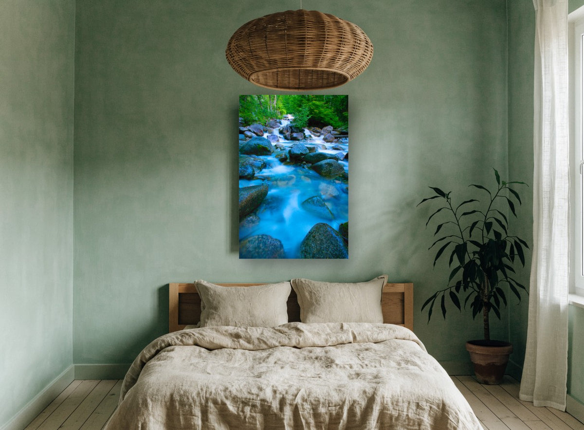 Silken Creek Boulders landscape canvas print on the wall of a bedroom