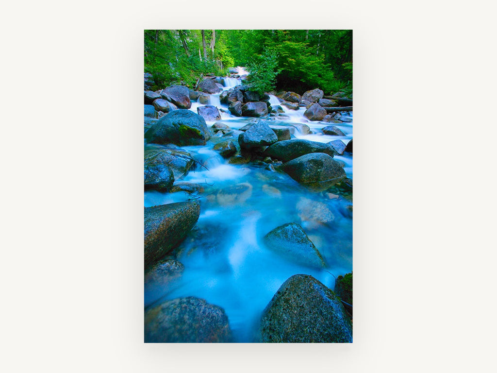 Silken Creek Boulders, forest creek long exposure photograph, landscape canvas wall art print, front view