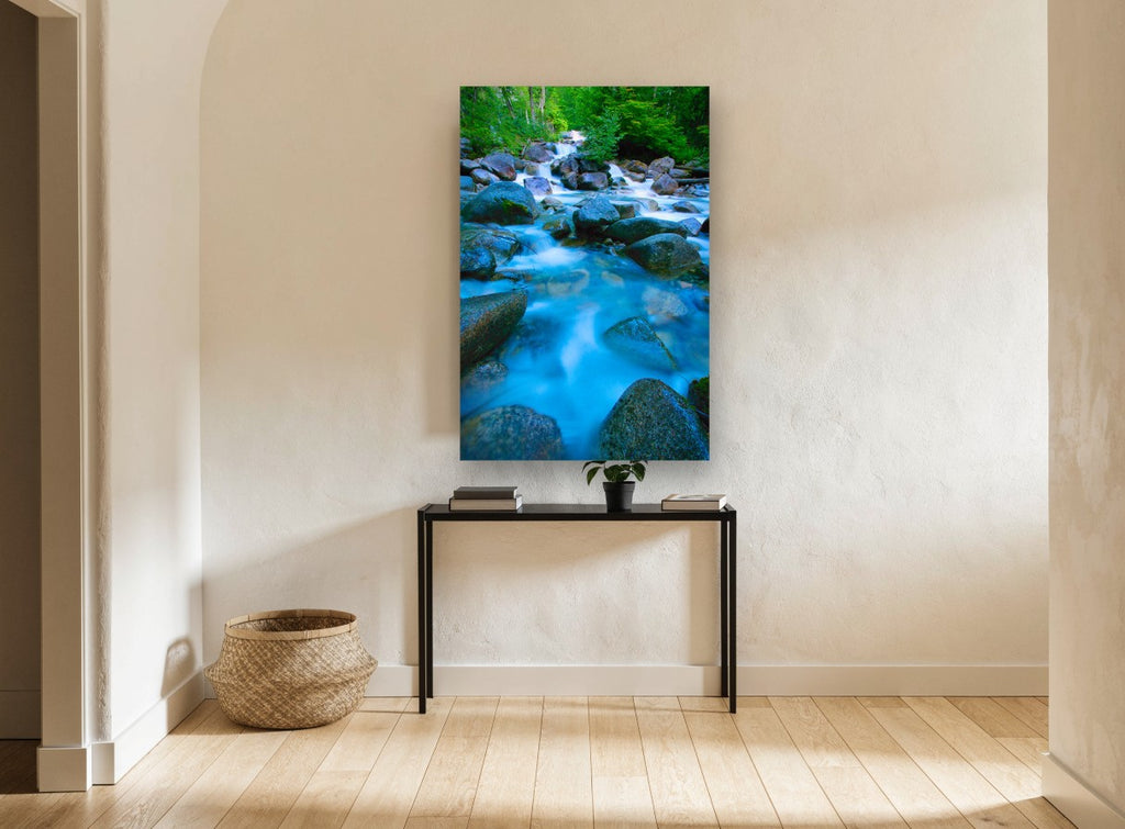 Silken Creek Boulders landscape canvas print on the wall of a hallway