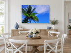 Palm Against Blue landscape canvas print on the wall of a Hamptons dining room